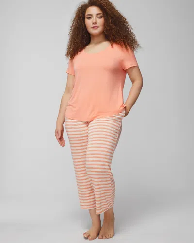Soma Women's Cool Nights Short Sleeve + Cropped Pajama Pants Set In Retreat Stripe Mini Melon Size Medium