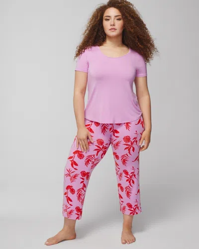 Soma Women's Cool Nights Short Sleeve + Cropped Pajama Pants Set In Shadow Flora M Meta/poppy Size Medium