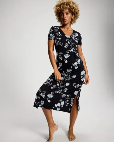 Soma Women's Cool Nights Short Sleeve Long Nightgown In Black Size Xs |  In Bergamot Blooms Black