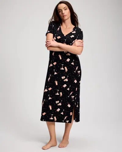 Soma Women's Cool Nights Short Sleeve Long Nightgown In Black Size Xs |  In Holiday Happy Hour Black