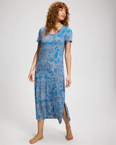 Soma Women's Cool Nights Short Sleeve Long Nightgown In Blue Size Xs |  In Show Off Paisley Blue P