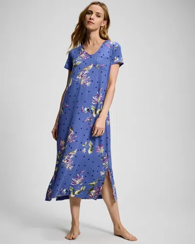 Soma Women's Cool Nights Short Sleeve Long Nightgown In Blue Size Xs |  In Songbird Floral Thistle