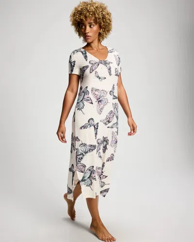 Soma Women's Cool Nights Short Sleeve Long Nightgown In Ivory Size Small |  In Wistful Wings Champagne