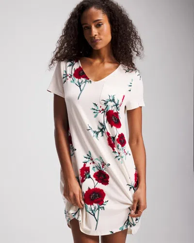 Soma Women's Cool Nights Short Sleeve Nightgown In Ivory Size Small |  In Scarlet Botanica Stripe