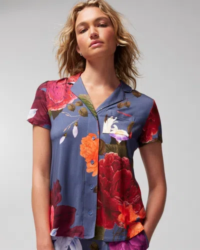 Soma Women's Cool Nights Short-sleeve Collared Pajama Top In Twilight Garden Grd Blue Size Large |
