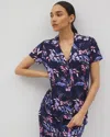 Soma Women's Cool Nights Short Sleeve Notch Collar Pajama Top In Navy Blue Size Large |  Mother's Day In Bloom Brightly Navy
