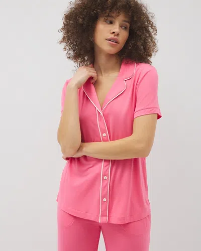 Soma Women's Cool Nights Short Sleeve Notch Collar Pajama Top In Solid Pink Size Large |  Mother's Da