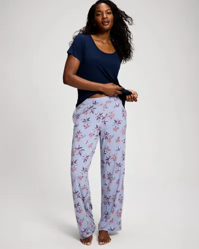 Soma Women's Cool Nights Short Sleeve + Pants Pajama Set In Blue Size Large |  In Forget Me Not Flora Water