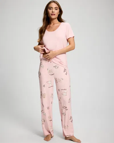 Soma Women's Cool Nights Short Sleeve + Pants Pajama Set In Pink Size Xs |  In Cafe Daze Pink