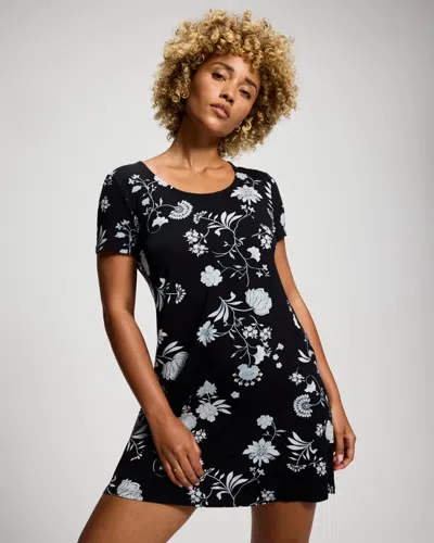 Soma Women's Cool Nights Short Sleeve Scoop Neck Nightgown In Black Size Medium |  In Bergamot Blooms Black