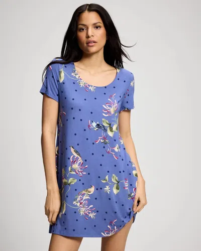 Soma Women's Cool Nights Short Sleeve Scoop Neck Nightgown In Blue Size Small |  In Songbird Floral Thistle