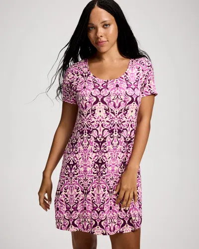 Soma Women's Cool Nights Short Sleeve Scoop Neck Nightgown In Ivory Size Xs |  In Island Mosaic Orchid Daze