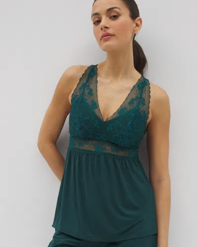 Soma Women's Cool Nights Soft Support Lace Cami Pajama Top In Green Size Medium |  Mother's Day Pajam In Dark Sea
