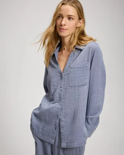 Soma Women's Cotton Gauze Long Sleeve Button Up Pajama Top In Blue Size Small |  Pajama Sets In Zen Blue/washed Indigo