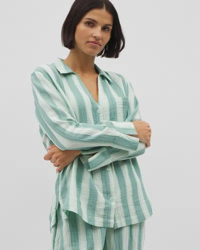 Soma Women's Cotton Gauze Long Sleeve Pajama Top In Blue Size Small |  Mother's Day Pajamas In Teal Stripe