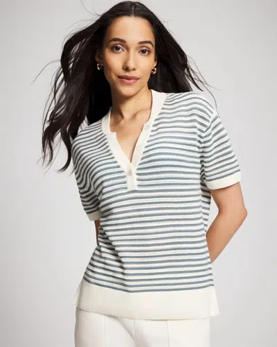 Soma Women's Cotton Open-stitch Short Sleeve Sweater In Ivory Size Xs |  In Shea/harmony Blue Stripe