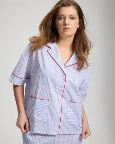 Soma Women's Cotton Poplin Relaxed Short-sleeve Noch Collar Pajama Top In White Size Small |  Pajama  In Striped Dreams Optic