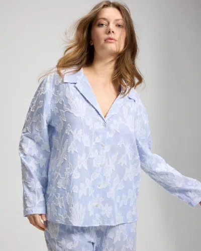 Soma Women's Cotton Striped Jacquard Long-sleeve Button Up Pajama Top In Blue Size Small |  Pajama Se In Blue White Clipped Jacq