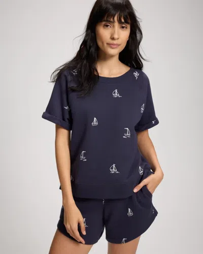 Soma Women's Cotton Terry Relaxed Short Sleeve Rolled Cuff Sweatshirt In Blue Size Xs |  In Float Your Boat Indigo