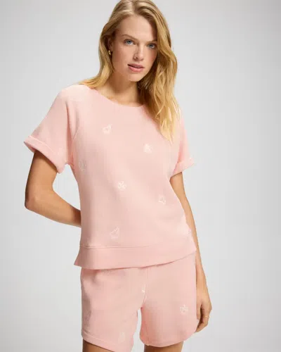 Soma Women's Cotton Terry Relaxed Short Sleeve Rolled Cuff Sweatshirt In Pink Size Xs |  In Tidal Treasures Peach