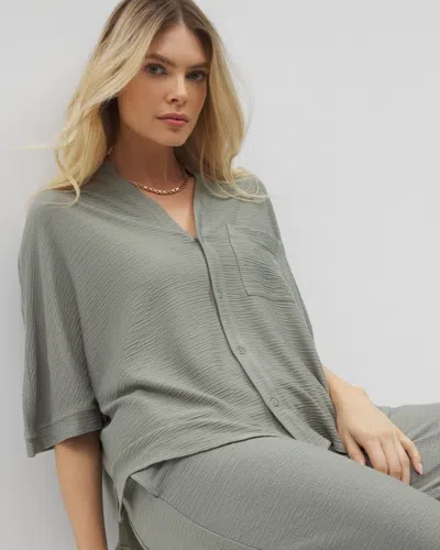 Soma Women's Crinkle Knit Relaxed Button-up Top In Green Size Xs |