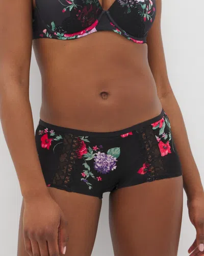 Soma Women's Embraceable Boyshort Panty With Lace In Black Size Small |  In Rhapsody Flora Mini Black