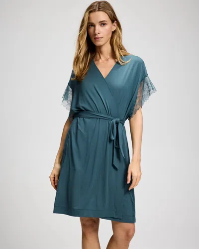 Soma Women's Fine Line Lace Short Robe In Blue Size Small/medium |  Getting Ready Robe In Lunar Stone