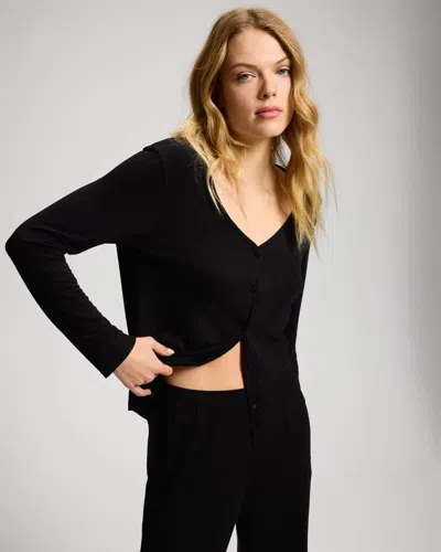 Soma Women's Lightweight Rib Knit Button-front Long Sleeve Pajama Top In Black Size Xs |  Pajama Sets