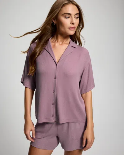 Soma Women's Lightweight Rib Knit Relaxed Button Up Pajama Top In Purple Size Xs |  Pajama Sets In Elderberry