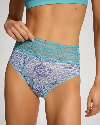 Soma Women's Microfiber Modern Brief No-show Panty With Lace In Blue Size Xs |  Vanishing Edge Pantie In Sunset Botanica Sea Blue