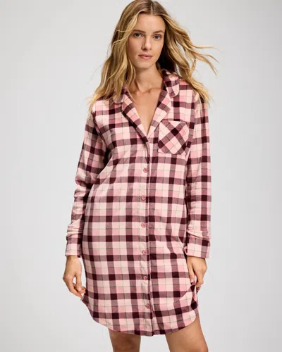 Soma Women's Microfleece Long-sleeve Button Up Nightgown In Pink Size Small |  In Merry Squares Blush Pink