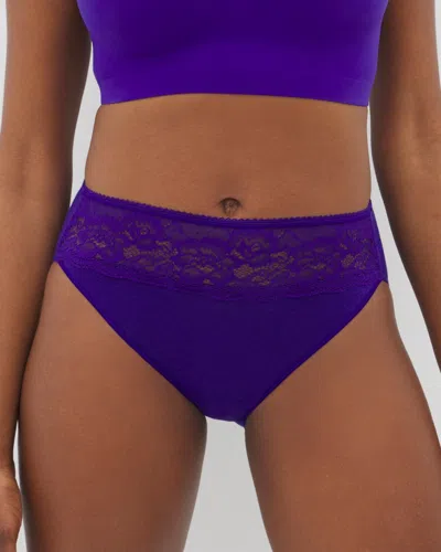 Soma Women's No Show Cotton Blend High-leg Panty With Lace In Blue Size Small |  Vanishing Edge Panti In Passionflower