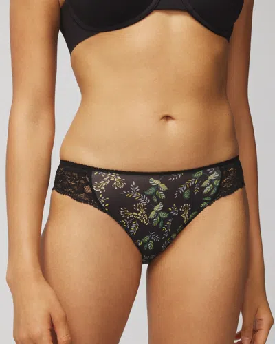 Soma Women's No Show Microfiber With Lace Bikini Underwear In Oasis Fronds Black Size Medium |  Vanis
