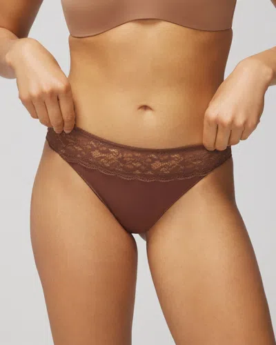 Soma Women's No Show Thong With Lace Underwear In Cinnamon Latte Size Large |  Vanishing Edge Panties