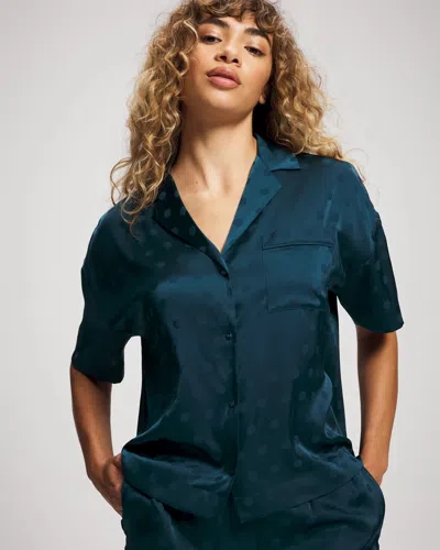 Soma Women's Satin Jacquard Dot Relaxed Button Up Pajama Top In Blue Size Small |  Pajama Sets In Drama Dots Dark Harbour