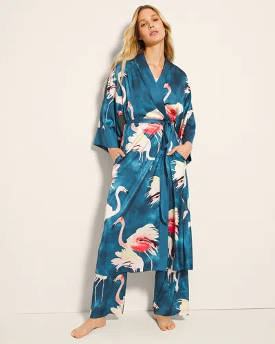 Soma Women's Satin Long Robe In Navy Blue Size Small/medium |  In Flamboyant Feathers Navy