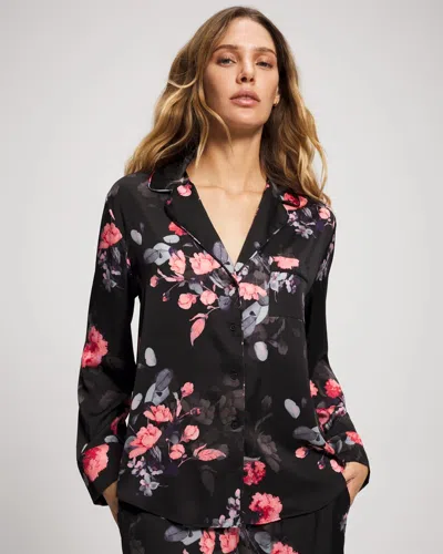 Soma Women's Satin Long Sleeve Button Up Pajama Top In Black Size Xs |  Pajama Sets In Floral Dreams Grand Black