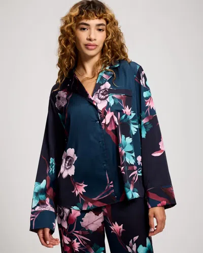 Soma Women's Satin Long Sleeve Button Up Pajama Top In Blue Size Xs |  Pajama Sets In Florence Floral G Teal