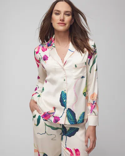 Soma Women's Satin Long Sleeve Notch Collar Pajama Top In Paradise Soiree White Sk Size Large |