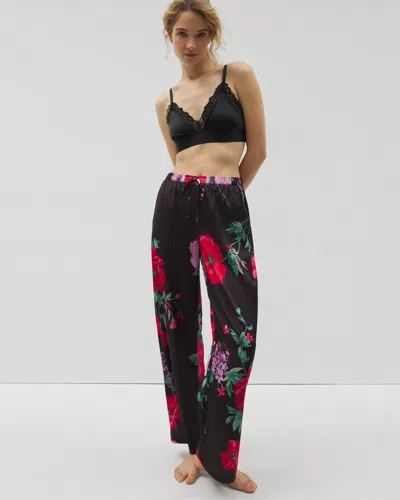 Soma Women's Satin Printed Pajama Pants In Black Size Xl |  Pajama Sets In Rhapsody Flora G Black