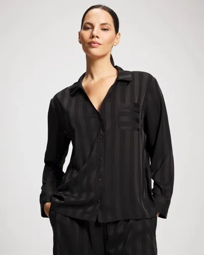 Soma Women's Satin Shadow Stripe Long Sleeve Pajama Button Up Top In Black Size Medium |  Pajama Sets