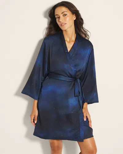 Soma Women's Satin Reversible Short Robe With Plush Interior In Blue Size Small |  In Drift Asleep Midnight