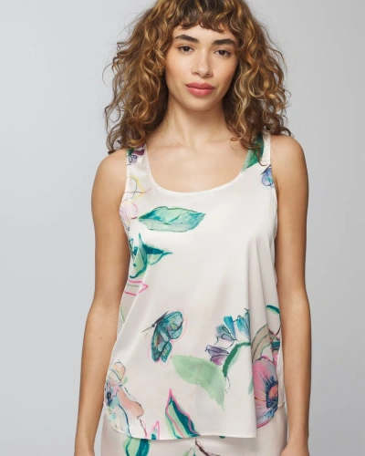 Soma Women's Satin Tank Top In Ivory Size Small |  In Sketchbook Flora G Ivory