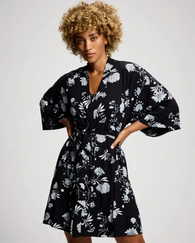 Soma Women's Short Robe In Black Size Small/medium |  Getting Ready Robe In Bergamot Blooms Black