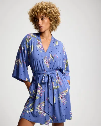 Soma Women's Short Robe In Blue Size Small/medium |  Getting Ready Robe In Songbird Floral Thistle