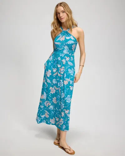 Soma Women's Soft Jersey Bayside Halter Maxi Dress In Blue Size Small |  In Frangipani Allover Tide
