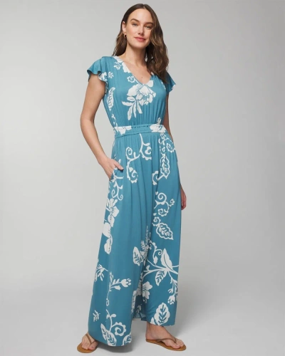 Soma Women's Soft Jersey Flutter Sleeve Maxi Sundress With Built-in Bra In Blue Floral Size Small |  In Garden Tapestry G Blue
