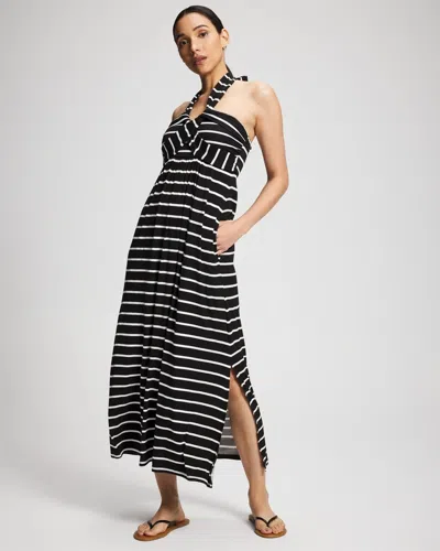 Soma Women's Soft Jersey Twist-front Halter Maxi Bra Dress In Black Size Xs |  In Wind Down Stripe Black