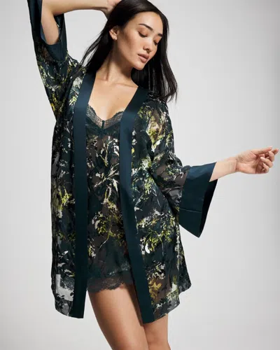 Soma Women's  S Sexiest Silk Burnout Robe In Blue Size Small/medium Getting Ready Robe In Fern Fantasy Dark Harbour