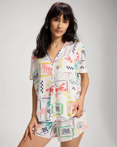 Soma Women's  Swim Rayon Crepe Relaxed Button Up Swim Coverup Shirt In Ivory Size Xs In Sea La Vie Coconut
